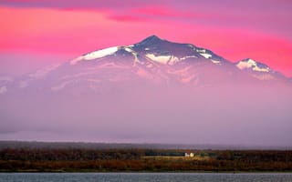 Картинка house, river, sky, nature, landscape, mountain, trees, snow