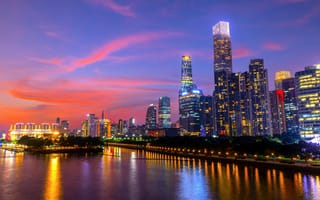 Картинка city, lights, water, river, skyline, trees, sky, China