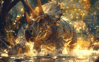 Картинка Вода, Деревья, Спереди, Рога, Triceratops, Животные, Детеныш, Двое
