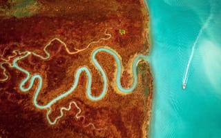 Картинка катер, Италия, лагуна, бирюзовая вода, водоем, Italy, вид сверху, дельта