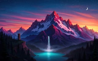 Картинка закат, горы, mountains, водопад, lake, озеро, sunset, waterfall