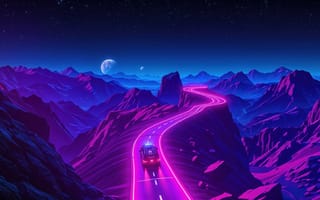 Картинка дорога, горы, digitl art, горизонт, Drive, Retrowave, Mountain, автомобиль