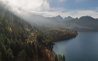 Картинка вода, туман, дымка, красота, леса, Горное озеро, простор, Утро