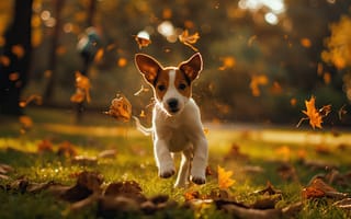 Картинка puppy, dog, running, leaves