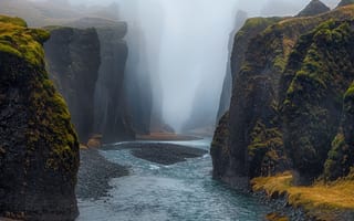 Картинка вода, река, дымка, мох, Шварцман Евгений, скалы, Портал