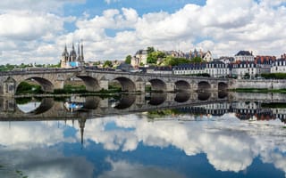 Картинка облака, мост, Блуа, река, Луара, город, отражение в воде