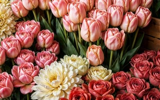 Картинка цветы, colorful, pink, spring, flowers, tulips, roses