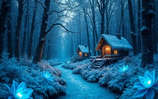 Картинка лес, ночь, сказка, домики
