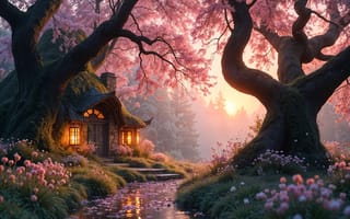 Картинка сказка, весна, blossom, домик, pink, trees, цветение, сакура