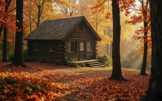 Картинка осень, лес, дом, autumn, leaves, листья, хижина, forest