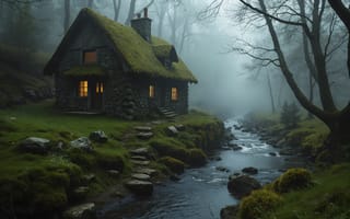 Картинка лес, река, forest, хижина, hut, домик