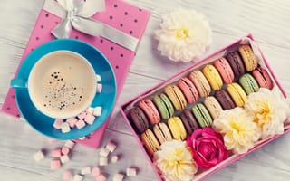 Картинка цветы, подарок, flowers, герберы, with love, pink, wood, coffee cup