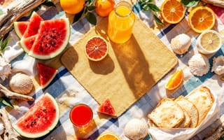 Картинка пляж, лето, солнце, пикник, sunshine, фрукты, отдых, summer