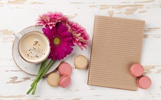 Картинка цветы, герберы, pink, wood, with love, coffee cup, flowers, good morning