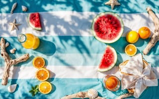 Картинка пляж, лето, солнце, отдых, фрукты, summer, sunshine, пикник