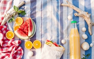 Картинка пляж, лето, отдых, фрукты, пикник, солнце, sunshine, summer