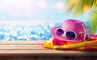 Картинка пляж, лето, шляпа, отдых, beach, очки, summer, каникулы