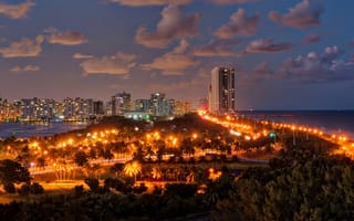 Картинка море, небо, огни, побережье, ночь, облака, пальмы, дома