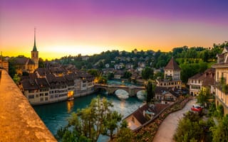 Картинка закат, мост, Берн, здания, Switzerland, Швейцария, дома, река