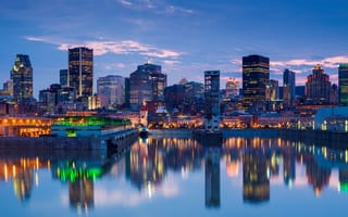 Картинка небо, Горизонт, Квебек, Небоскребы, Skyline, Монреаль, отражение в воде, Quebec