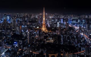 Картинка ночь, башня, Tokyo, Токио, ночной город, Japan, Япония, горизонт
