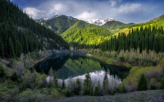 Картинка деревья, горы, отражение в воде, горное озеро, красота природы, Алексей Кретов