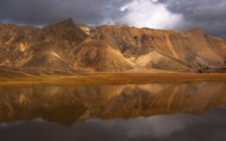 Картинка облака, Исландия, Patrick, Orange mountains, красивый пейзаж, Оранжевые горы, водоём, отражение в воде