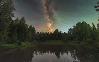 Картинка деревья, ночь, озеро, Краски таёжной ночи, Кудашкина Ксения, галактика
