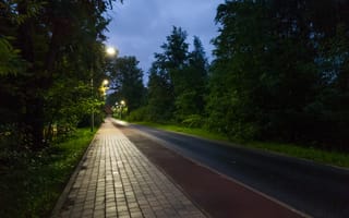 Картинка дорога, лето, деревья, Россия, тучи, небо, вечер, фонари