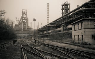 Картинка трубы, завод, архитектура, сепия, постройки, железнодорожные пути