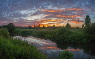 Картинка лето, трава, отражение в воде, красота, Свистков Александр, вечер, речка, закат