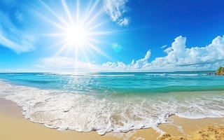 Картинка песок, море, волны, небо, лето, summer, пляж, берег