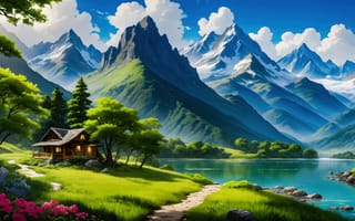 Картинка дорога, небо, облака, снег, трава, вода, деревья, горы