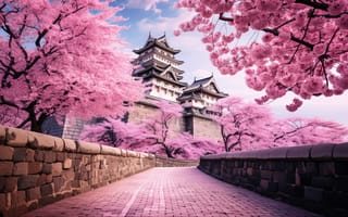 Картинка замок, япония, pink, blossom, цветение, landscape, сакура, view