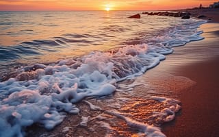 Картинка песок, море, лето, пляж, волны, небо, закат, берег