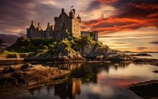 Картинка небо, закат, view, замок, landscape, скалы, castle, reflection