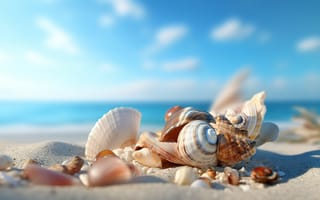 Картинка песок, море, небо, лето, берег, пляж, summer, ракушки