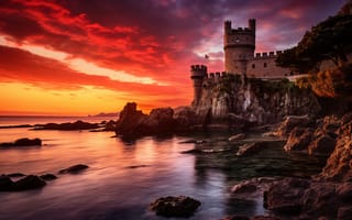 Картинка море, небо, замок, закат, скалы, landscape, тучи, sunset