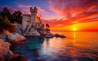 Картинка море, небо, landscape, замок, закат, sunset, тучи, скалы