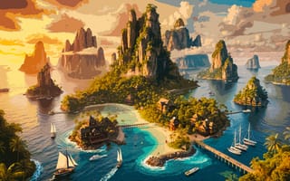 Картинка sea, sunset, boats, cliffs, vacation, islands, art, yachts