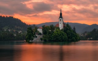 Картинка закат, горы, озеро, Сергей Серушкин, остров, церковь