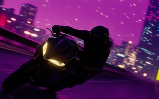 Картинка ночь, скорость, небоскребы, цифровое искусство, гонщик, поездка, digital art, мотоциклист