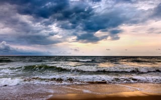 Картинка песок, море, summer, пляж, тучи, волны, waves, лето