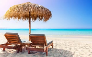 Картинка песок, море, пальмы, небо, лето, шезлонг, пляж, summer