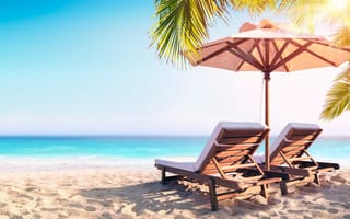 Картинка песок, море, пляж, небо, beach, пальмы, summer, лето