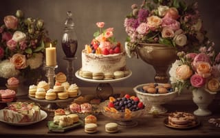 Картинка цветы, сладости, натюрморт, пирожные, still life, sweets, flowers, cake