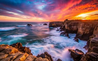 Картинка море, волны, закат, скалы, тучи, берег, sea, waves