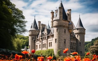 Картинка замок, скалы, castle, view, ancient, flowers, rocks, древний