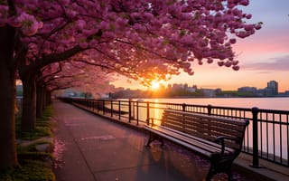 Картинка скамейка, парк, sunset, весна, набережная, pink, цветение, аллея
