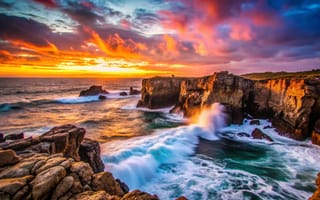 Картинка море, волны, берег, waves, тучи, скалы, sea, закат
